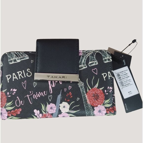 Tahari Vegan Leather Paris Floral Print Wallet With Snap Closure & Card Slots - Picture 1 of 11